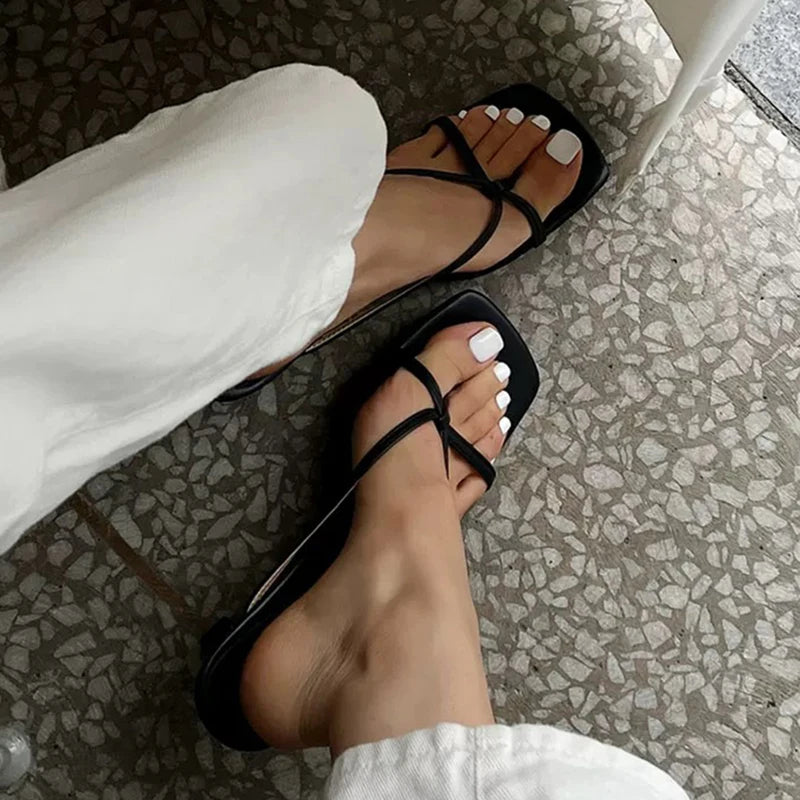 Women’s Minimal Thong Heel Sandals – Elegant Square Toe Slip-On Heels for Party & Everyday Chic Wear
