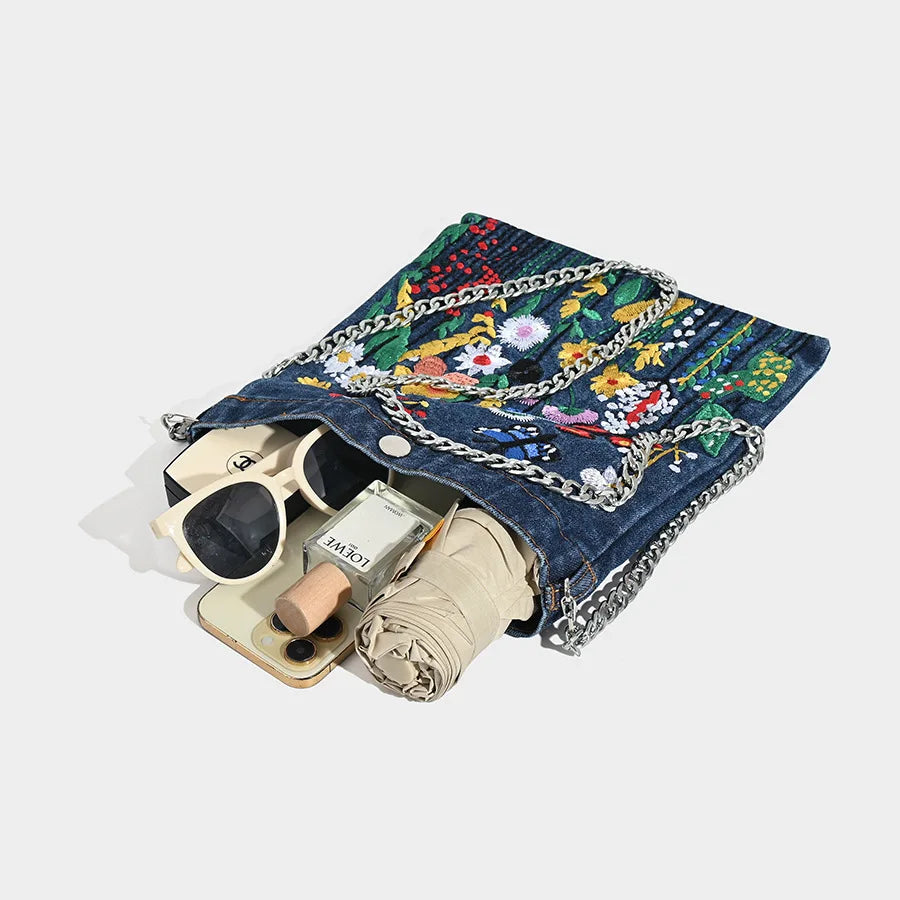 Embroidered Denim Shoulder Bag for Women | Floral Chain Crossbody Purse | Vintage Casual Handbag | Trendy Everyday Tote
