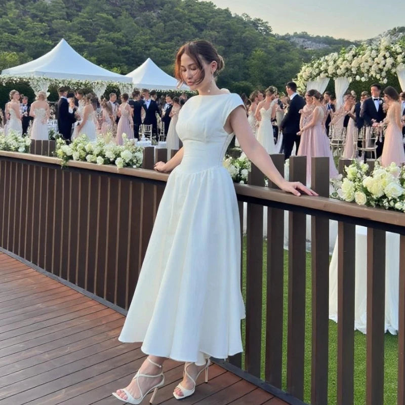 Women’s Elegant Ivory Midi Dress | Minimalist A-Line Cocktail & Wedding Guest Dress