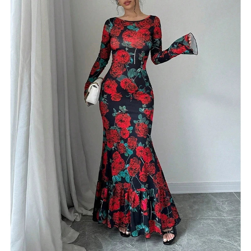 Rose Maxi Dress Women | Elegant Floral Mermaid Dress