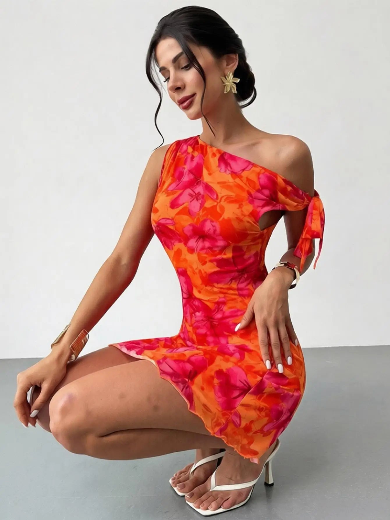 Women’s One-Shoulder Floral Mini Dress | Tropical Orange Pink Bodycon Summer Party Dress