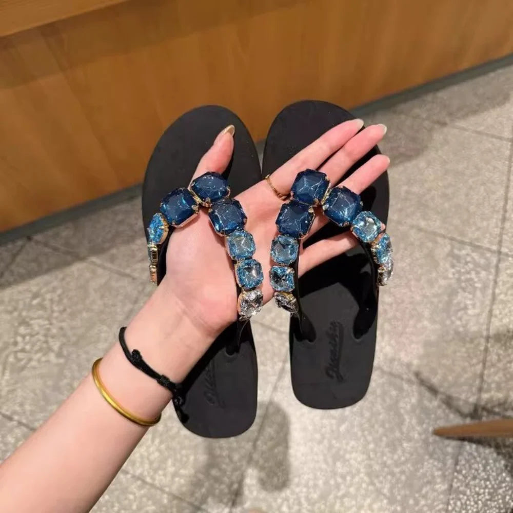Women’s Blue Crystal Embellished Flip Flops – Luxury Rhinestone Thong Sandals for Beach, Vacation & Casual Summer Wear