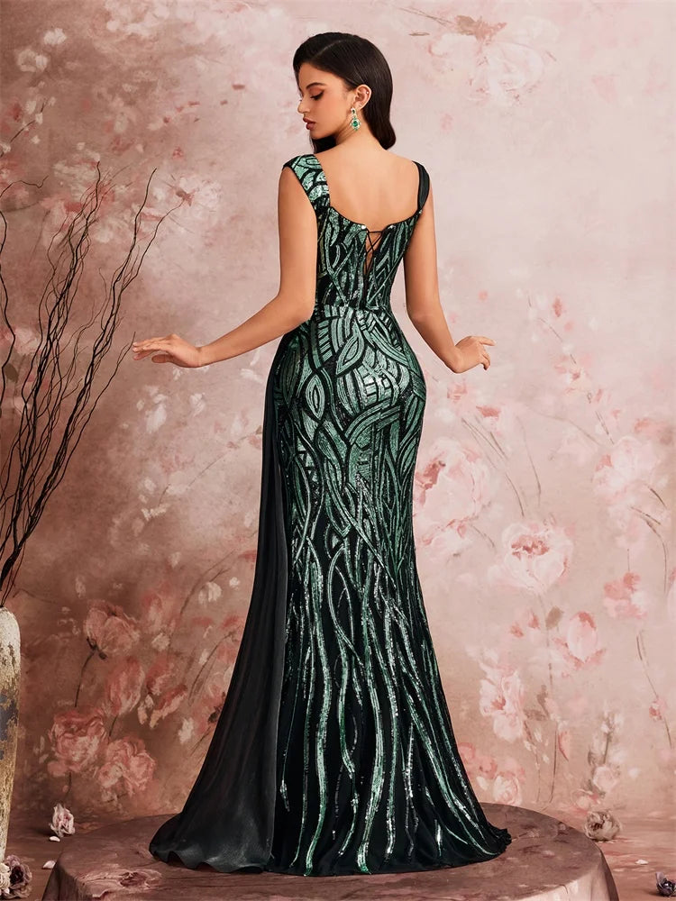 Women’s Emerald Green Sequin Mermaid Evening Gown | One Shoulder Formal Dress with High Slit & Chiffon Drape for Prom, Galas & Weddings