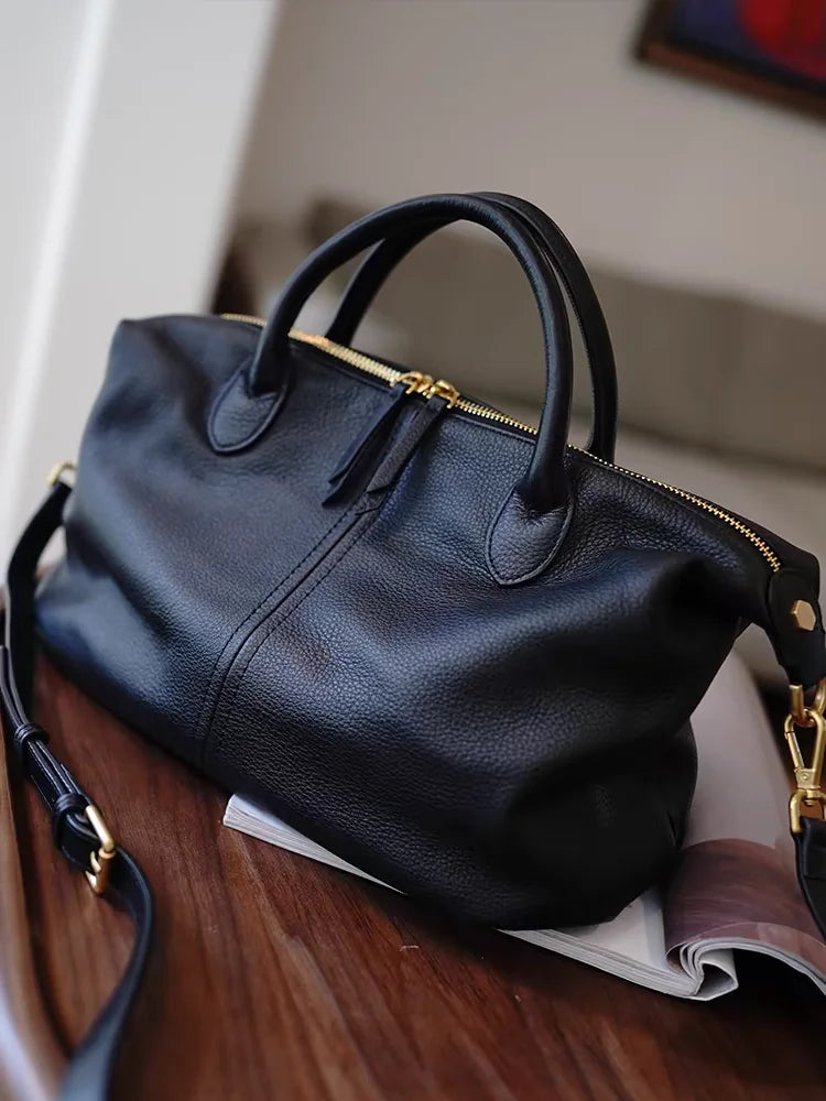 Vintage Leather Boston Bag for Women | Large Weekender Duffel Bag | Soft Leather Travel Tote | Elegant Carry-On Shoulder Handbag