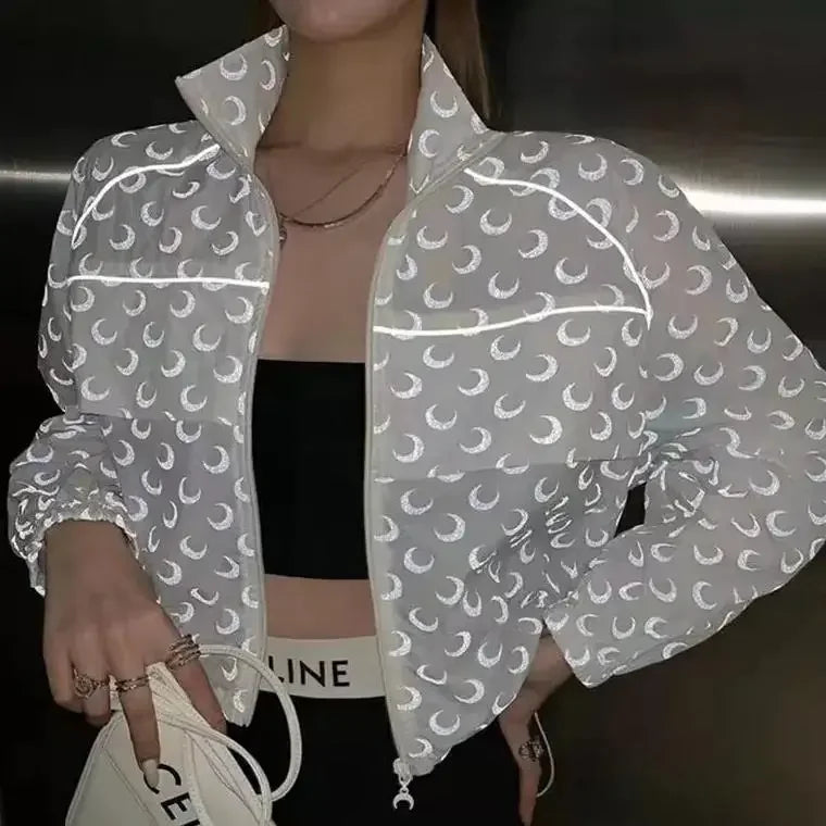 Women’s Reflective Print Cropped Windbreaker Jacket | Lightweight Zip-Up UV Protection Jacket for Running, Cycling, Travel & Streetwear