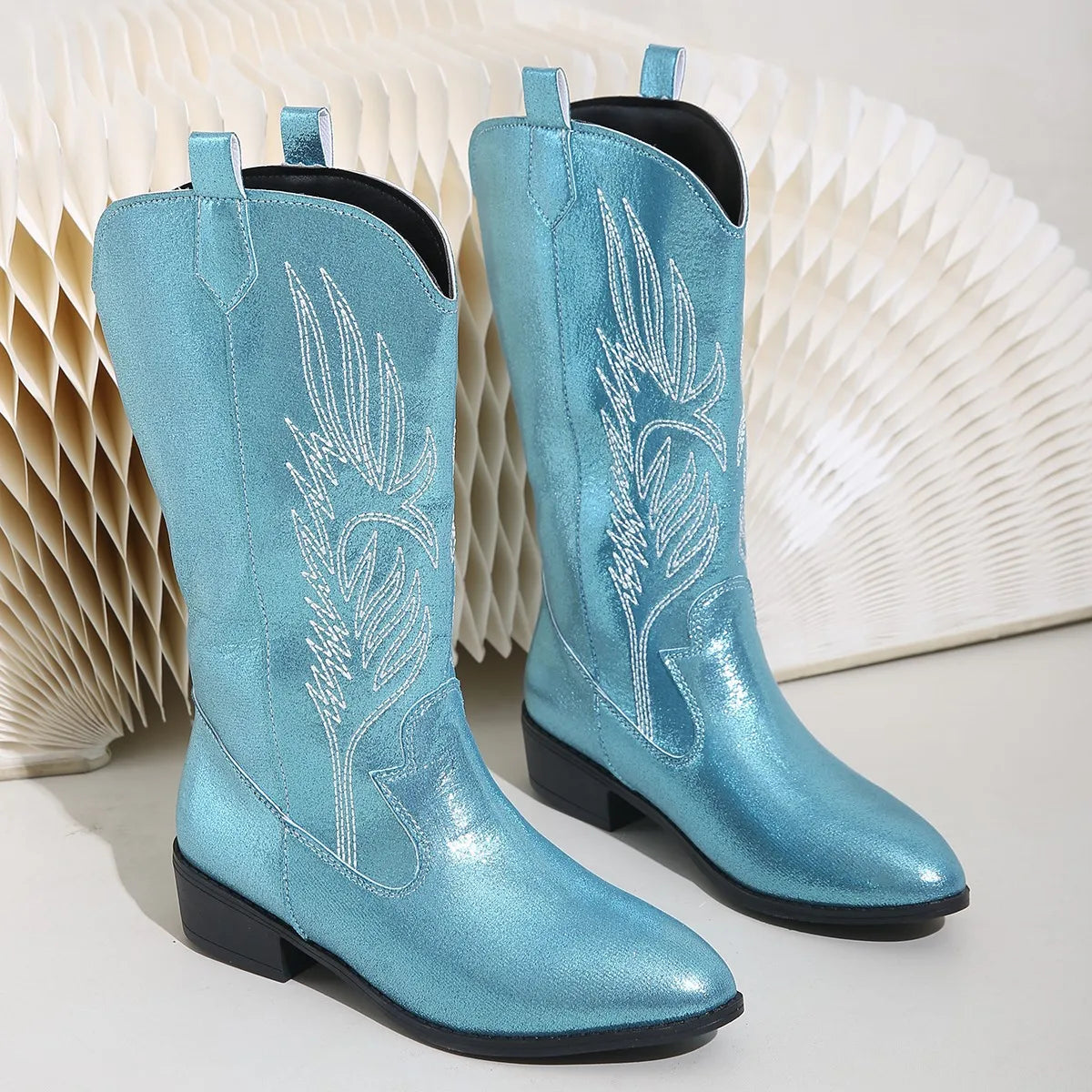 Women’s Embroidered Cowboy Boots – Western Mid-Calf Denim Boots for Casual, Festival & Streetwear Fashion
