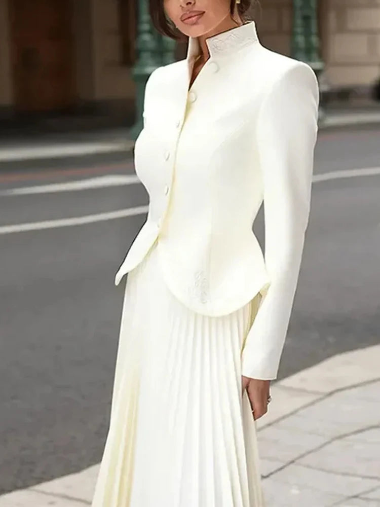 Women's Embroidered Tailored Jacket & Pleated Midi Skirt Co-Ord Set | Elegant Formal Occasion Outfit