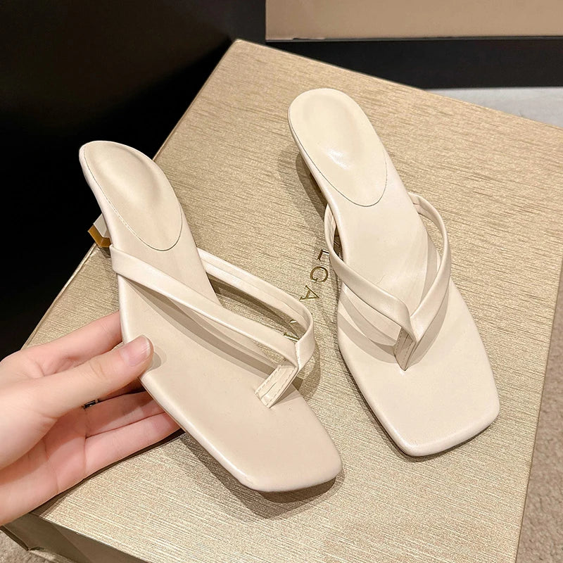 Women’s Minimal Thong Mule Heels – Square Toe Slip-On Sandals for Party, Evening & Everyday Chic Wear