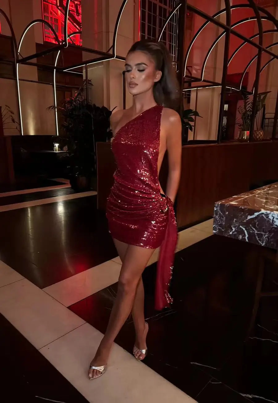 Women’s One Shoulder Sequin Mini Dress | Ruched Bodycon Cocktail Party Dress for Holidays, Birthdays & Evening Events