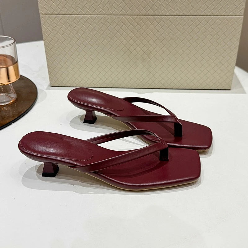 Women’s Minimal Thong Mule Heels – Square Toe Slip-On Sandals for Party, Evening & Everyday Chic Wear
