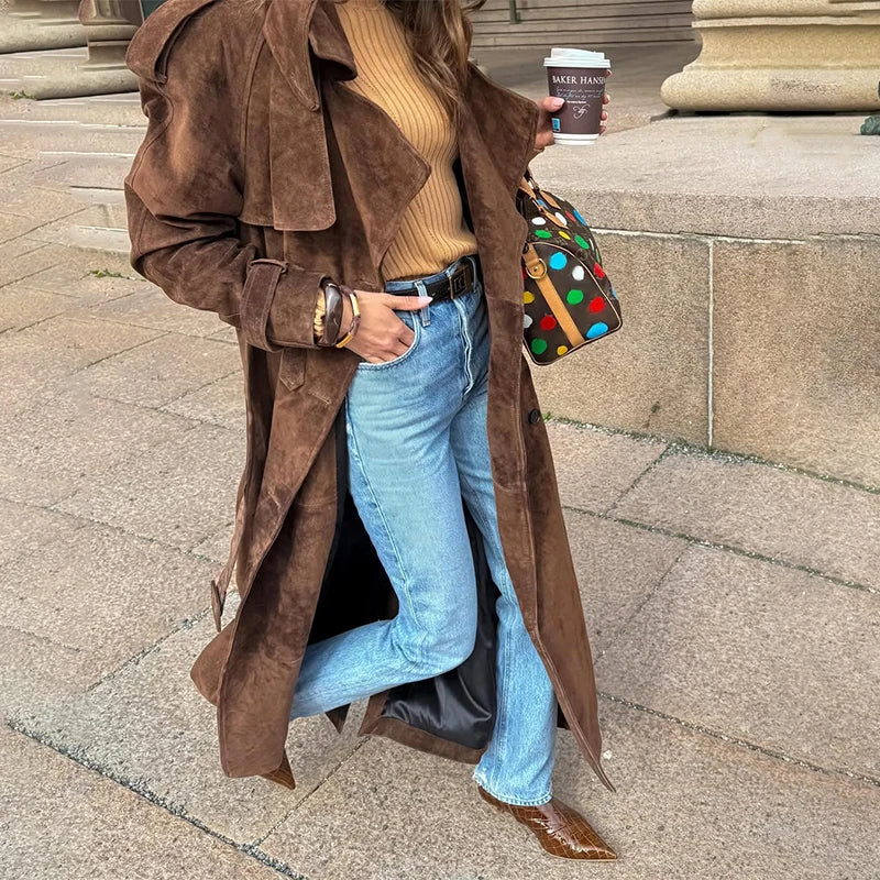 Women’s Vintage Brown Faux Leather Trench Coat | Long Belted Double Breasted Overcoat