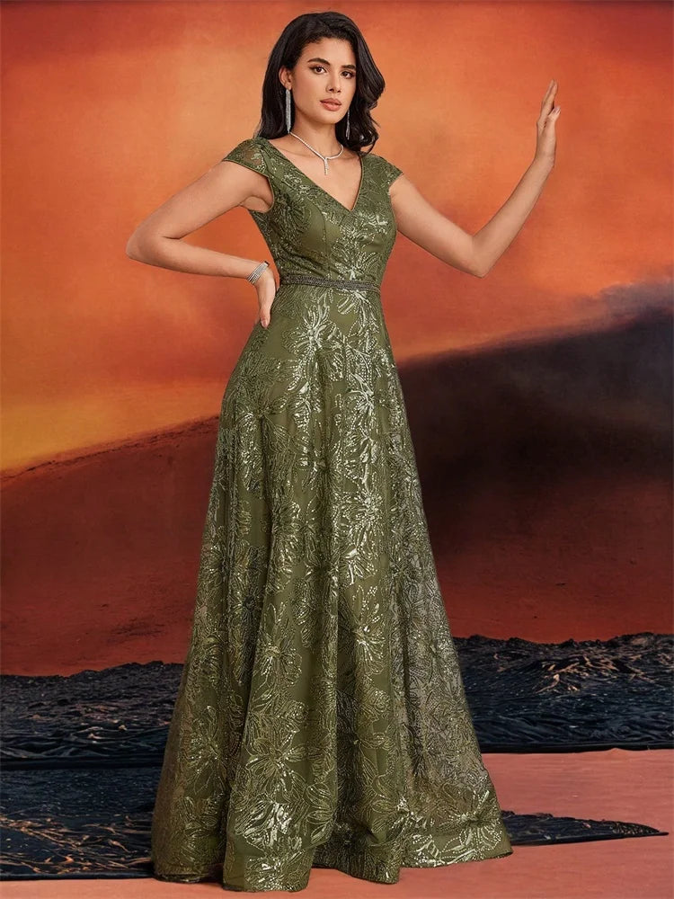 Women’s Olive Green Lace Evening Gown | V-Neck A-Line Formal Maxi Dress for Weddings, Mother of the Bride, Galas & Special Occasions