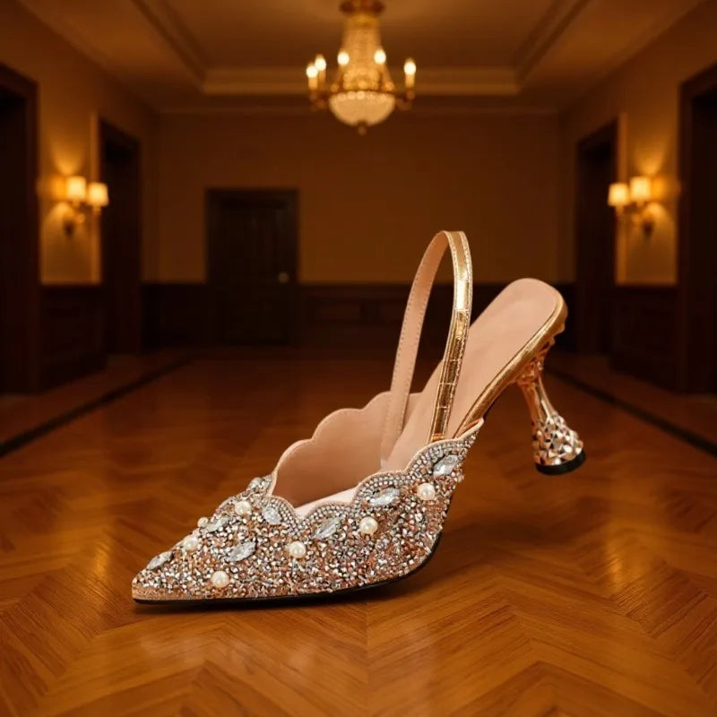 Women’s Luxury Pearl Rhinestone Slingback Heels – Crystal Pointed Toe Stiletto Pumps for Wedding, Bridal & Evening Party Wear