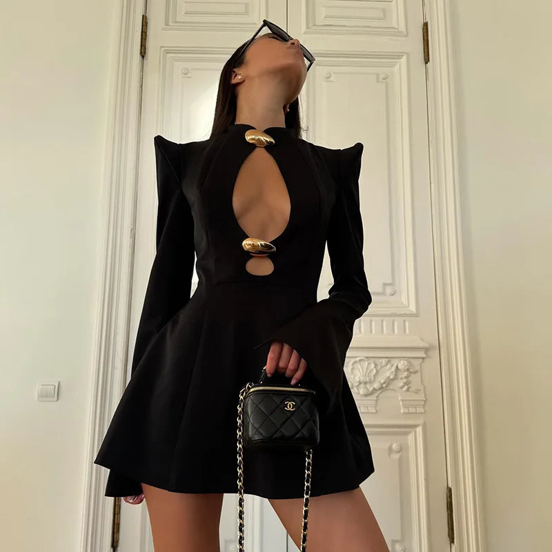 Black Cut Out Mini Dress Women | Gold Detail Party Dress
