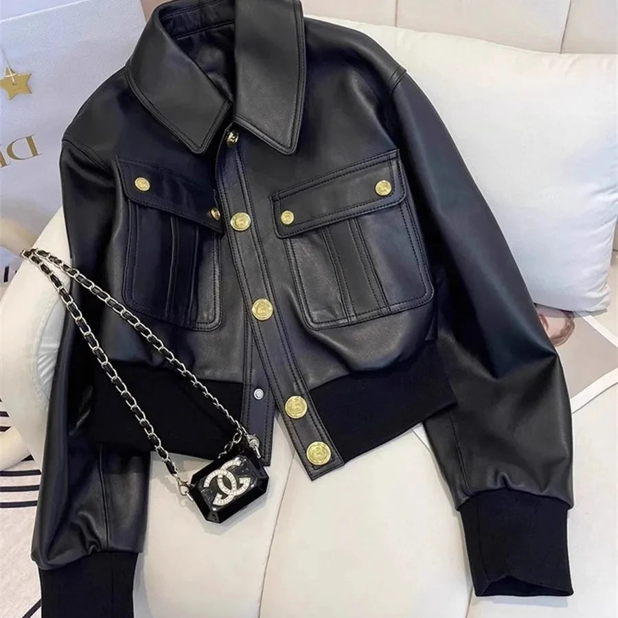 Women’s Black Faux Leather Cropped Bomber Jacket | Oversized Button Front Moto Jacket with Utility Pockets for Fall, Streetwear & Casual Wear