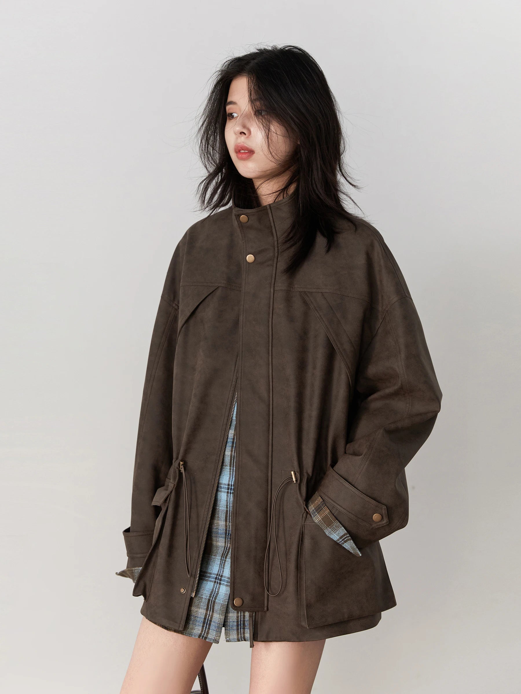 Women’s Brown Oversized Utility Jacket | Vintage Drawstring Safari Coat with Stand Collar for Casual, Travel & Fall Streetwear
