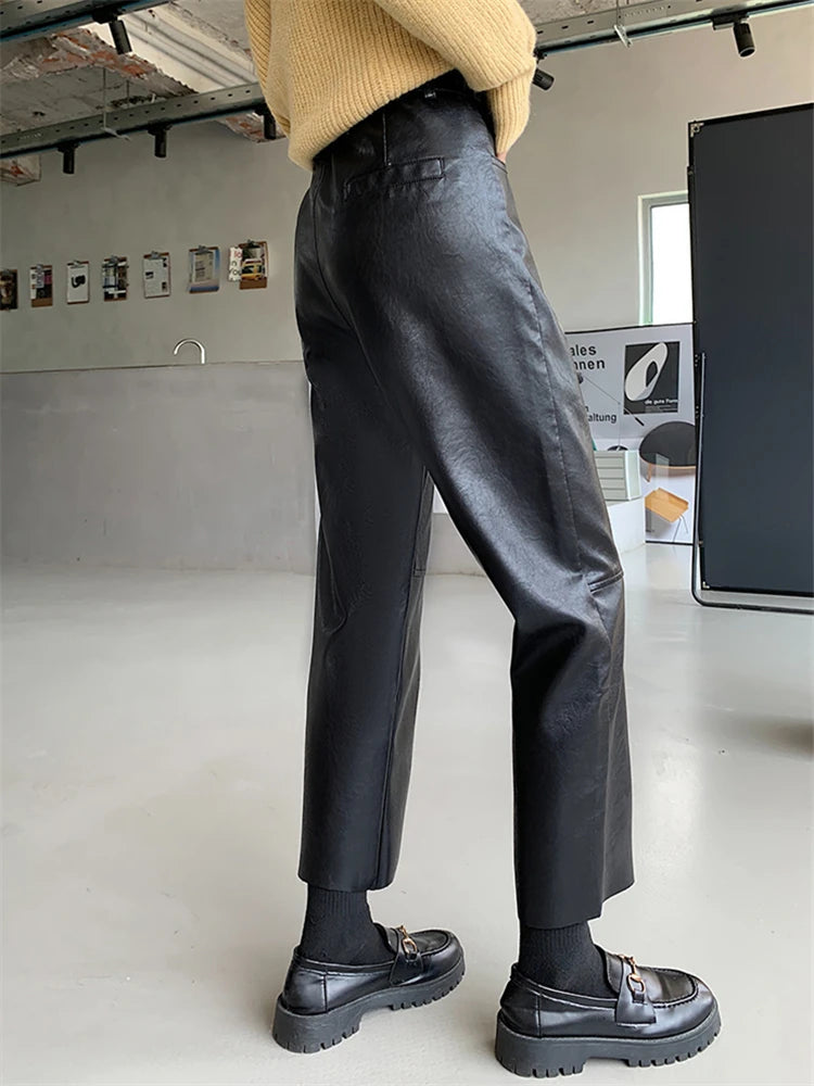 Women Faux Leather Straight Fit Pants High Waist Korean Style Trousers