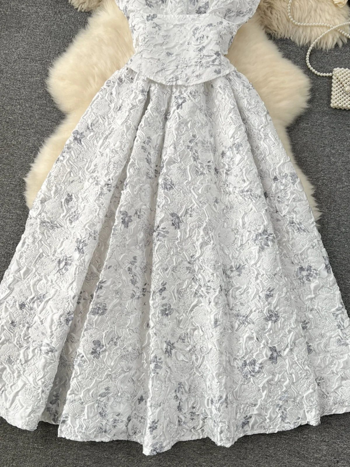Women’s White Floral Jacquard Midi Dress | Elegant Vintage A-Line Party & Wedding Guest Dress