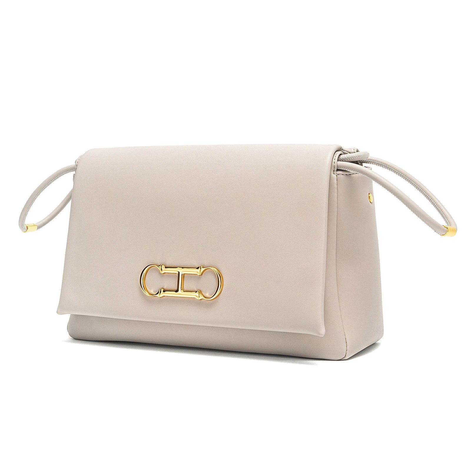 Cream Leather Crossbody Bag for Women | Elegant Flap Shoulder Handbag | Minimalist Evening Purse with Gold Hardware