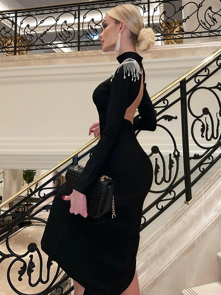 Black Elegant Maxi Dress Women | High Neck Slit Evening Dress
