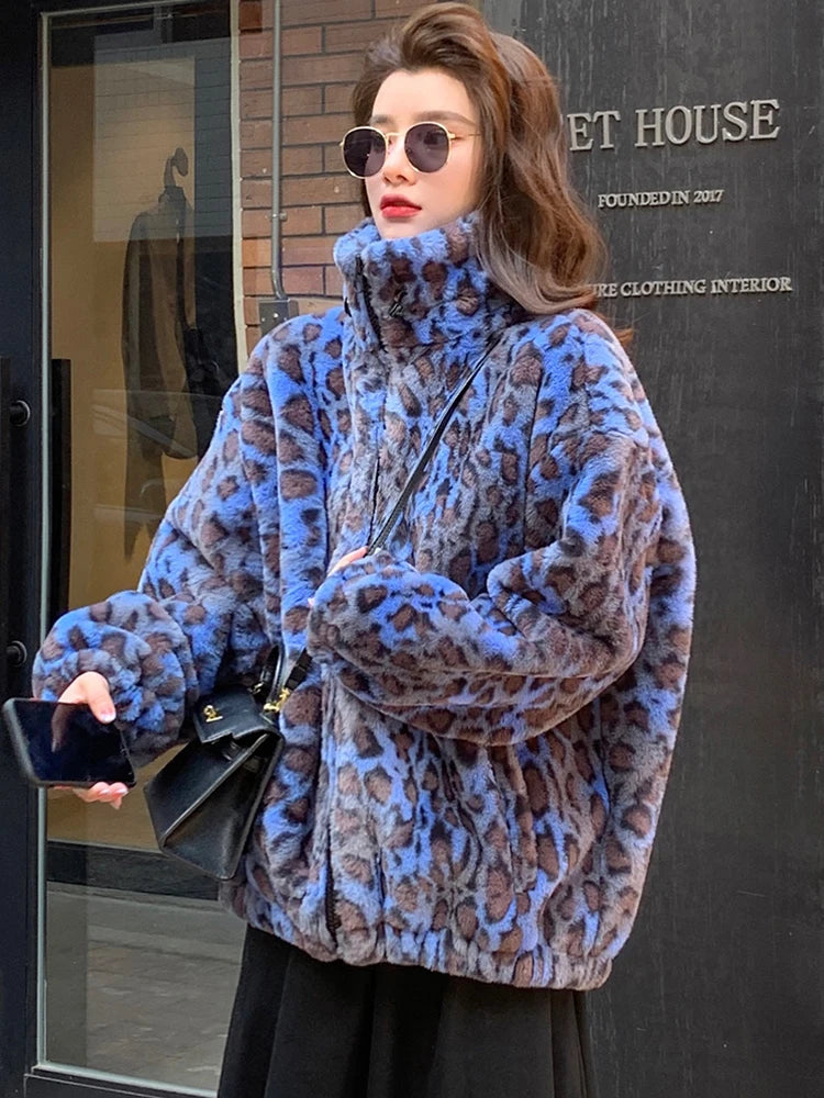 Women’s Oversized Leopard Teddy Jacket | Fleece High Neck Winter Coat
