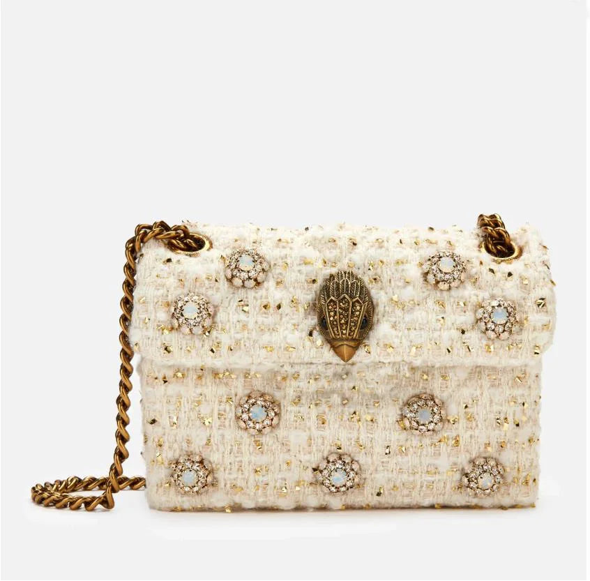 Luxury Tweed Crossbody Bag for Women | Elegant Pearl Embellished Chain Shoulder Bag | Designer Style Evening Party Handbag