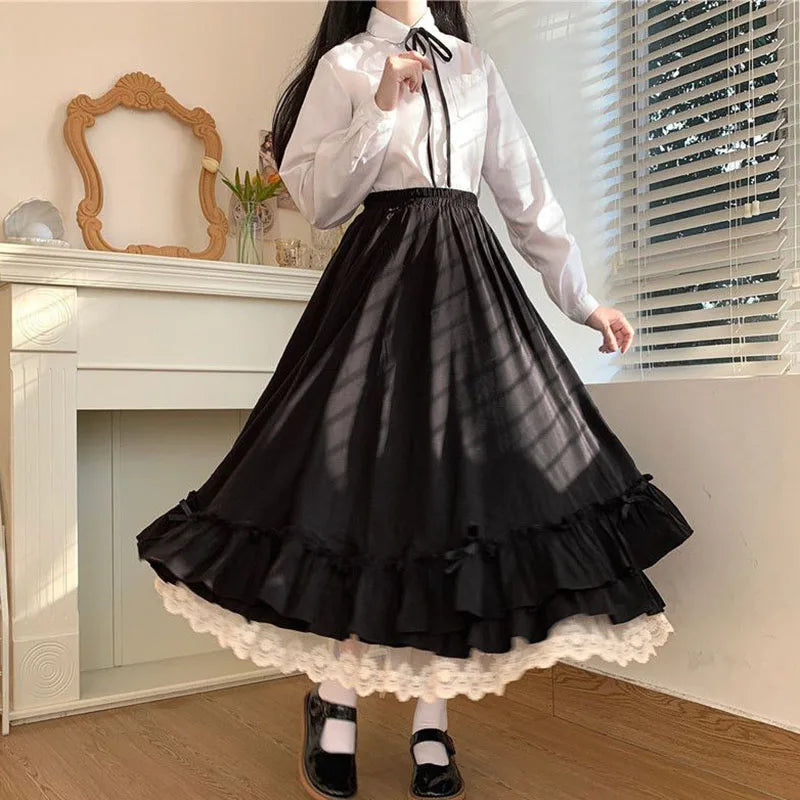 Women Gothic Ruffle Maxi Skirt High Waist Layered Cottagecore Long Skirt