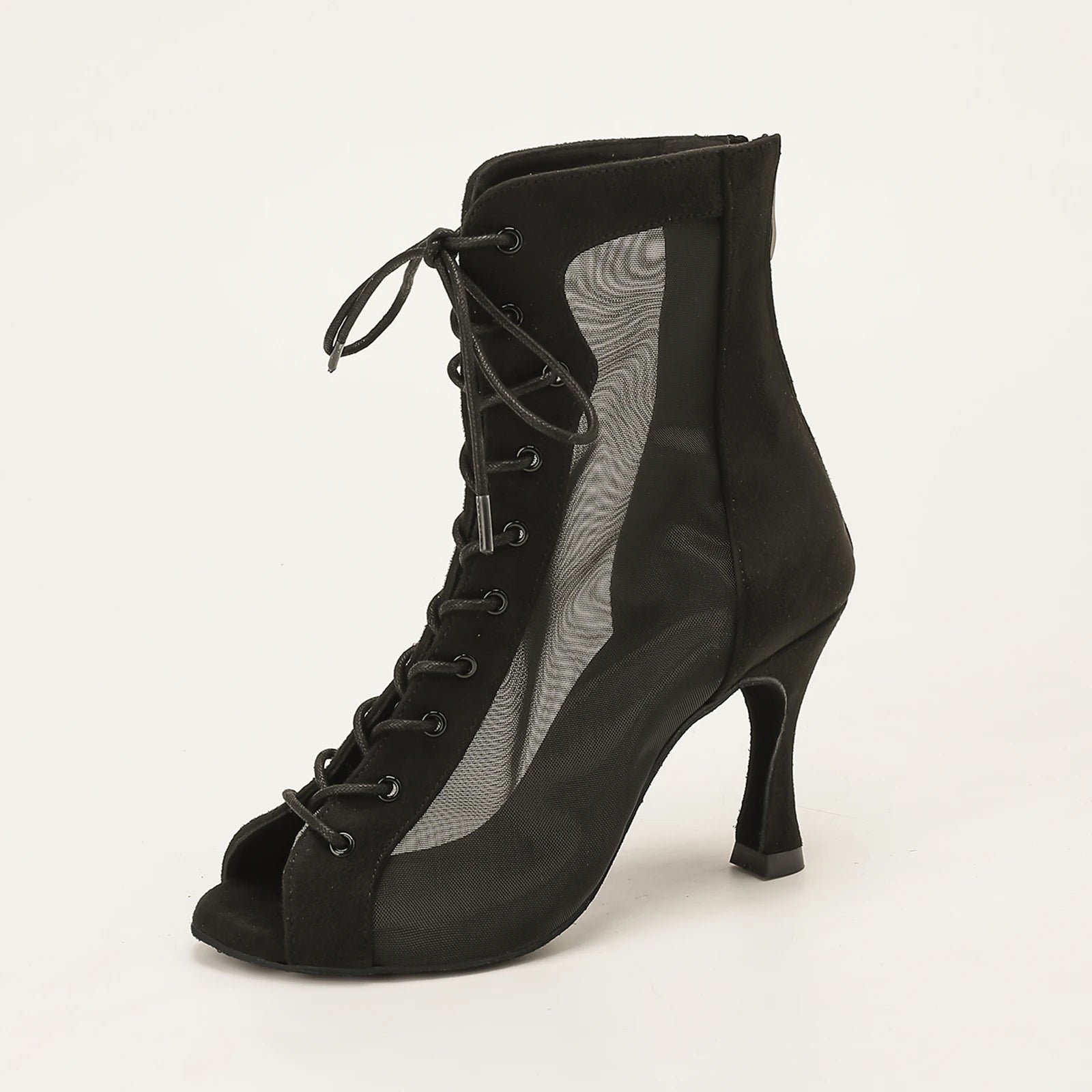 Women’s Lace-Up Mesh Heeled Boots – Peep Toe Ankle Boots for Party, Fashion & Statement Wear