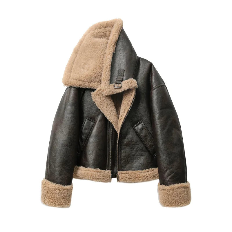 Women’s Faux Shearling Aviator Jacket | Oversized Black Faux Leather Teddy Biker Coat