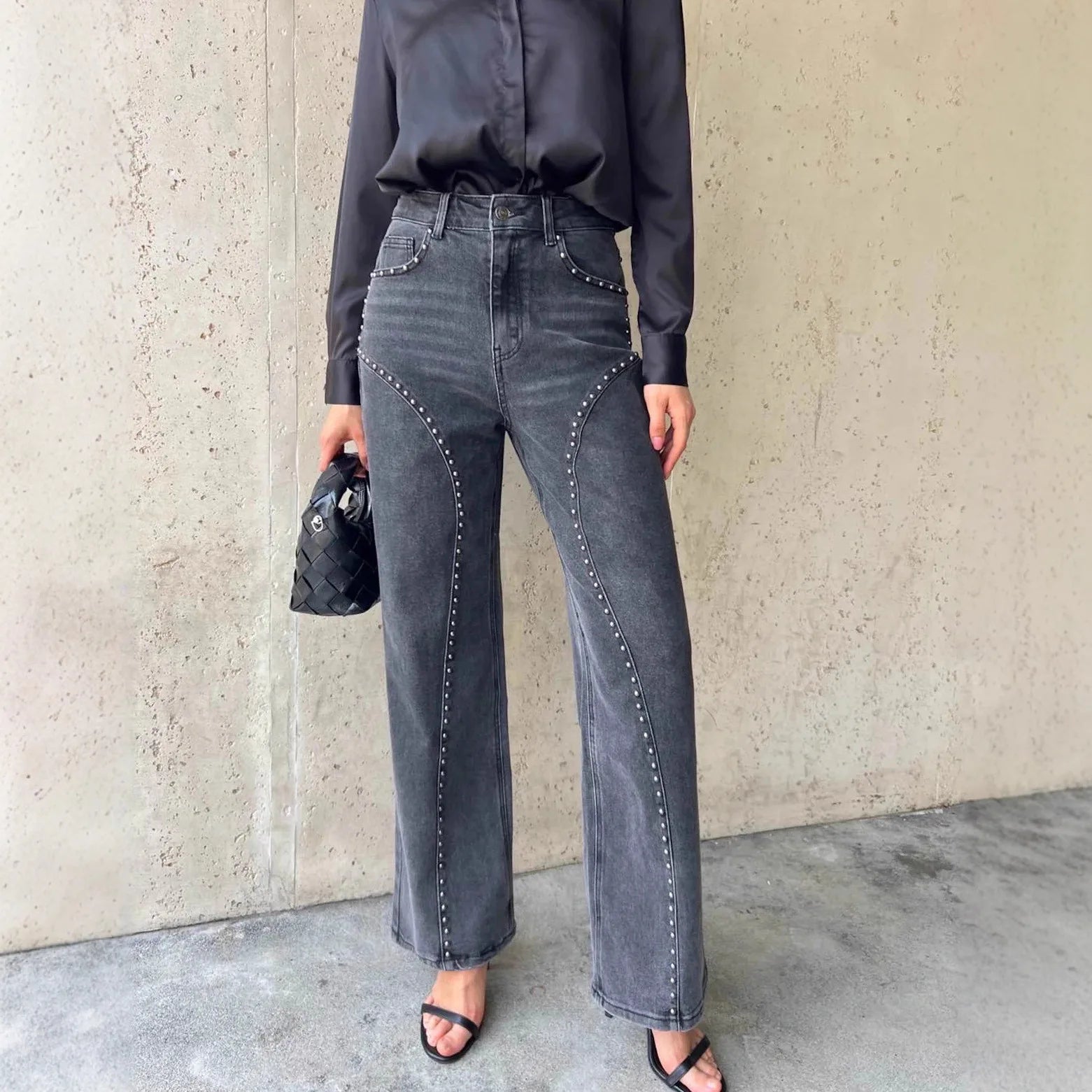 Women High Waist Straight Leg Studded Jeans Vintage Wide Leg Denim Trousers