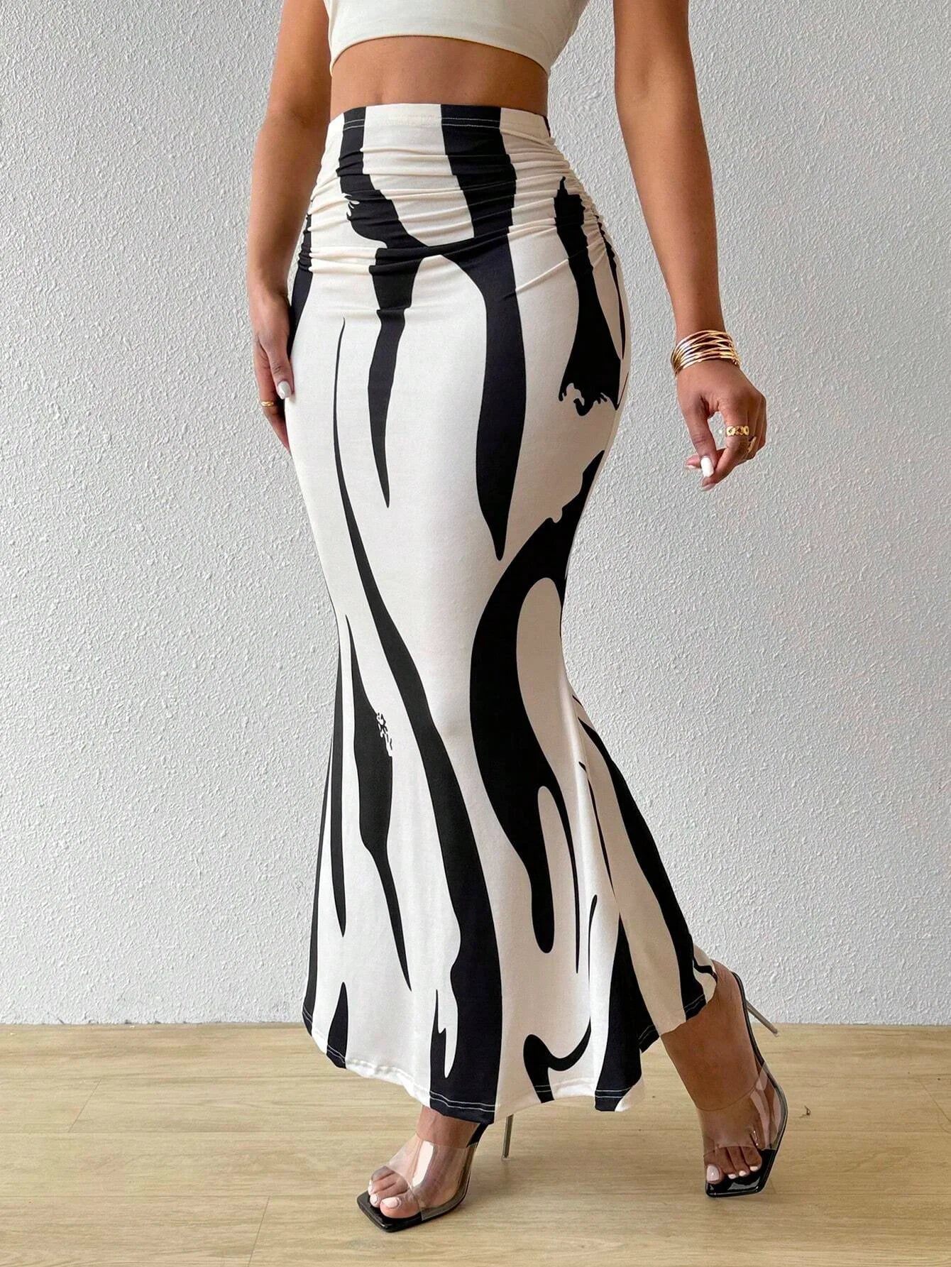 Women Abstract Print Maxi Skirt High Waist Bodycon Mermaid Long Skirt