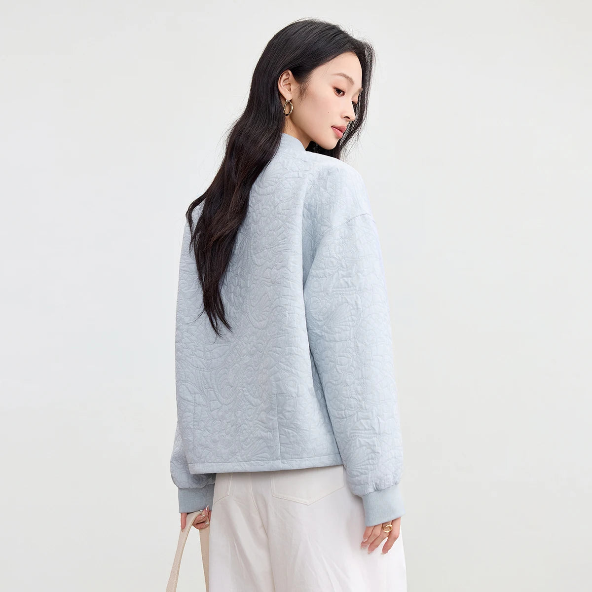 Women’s Light Blue Quilted Bomber Jacket | Minimalist Zip-Up Lightweight Padded Coat