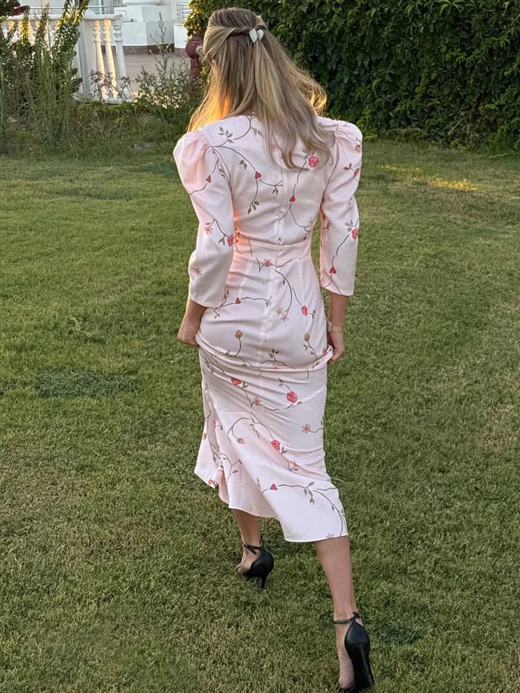 Women’s Blush Pink Floral Mermaid Midi Dress | Vintage Puff Sleeve V-Neck Elegant Wedding Guest Dress