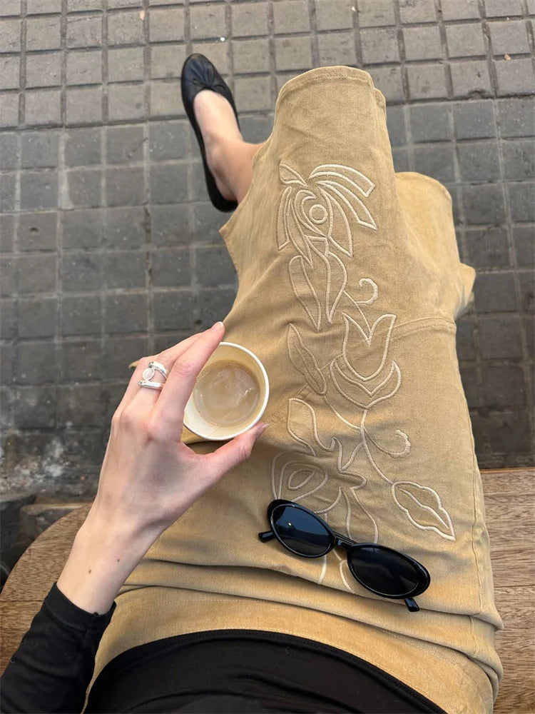 Women Vintage Embroidered Midi Skirt High Waist Elegant A Line Skirt