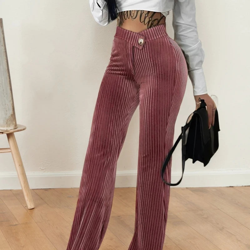 Women High Waist Ribbed Velvet Pants Slim Fit Straight Leg Trousers