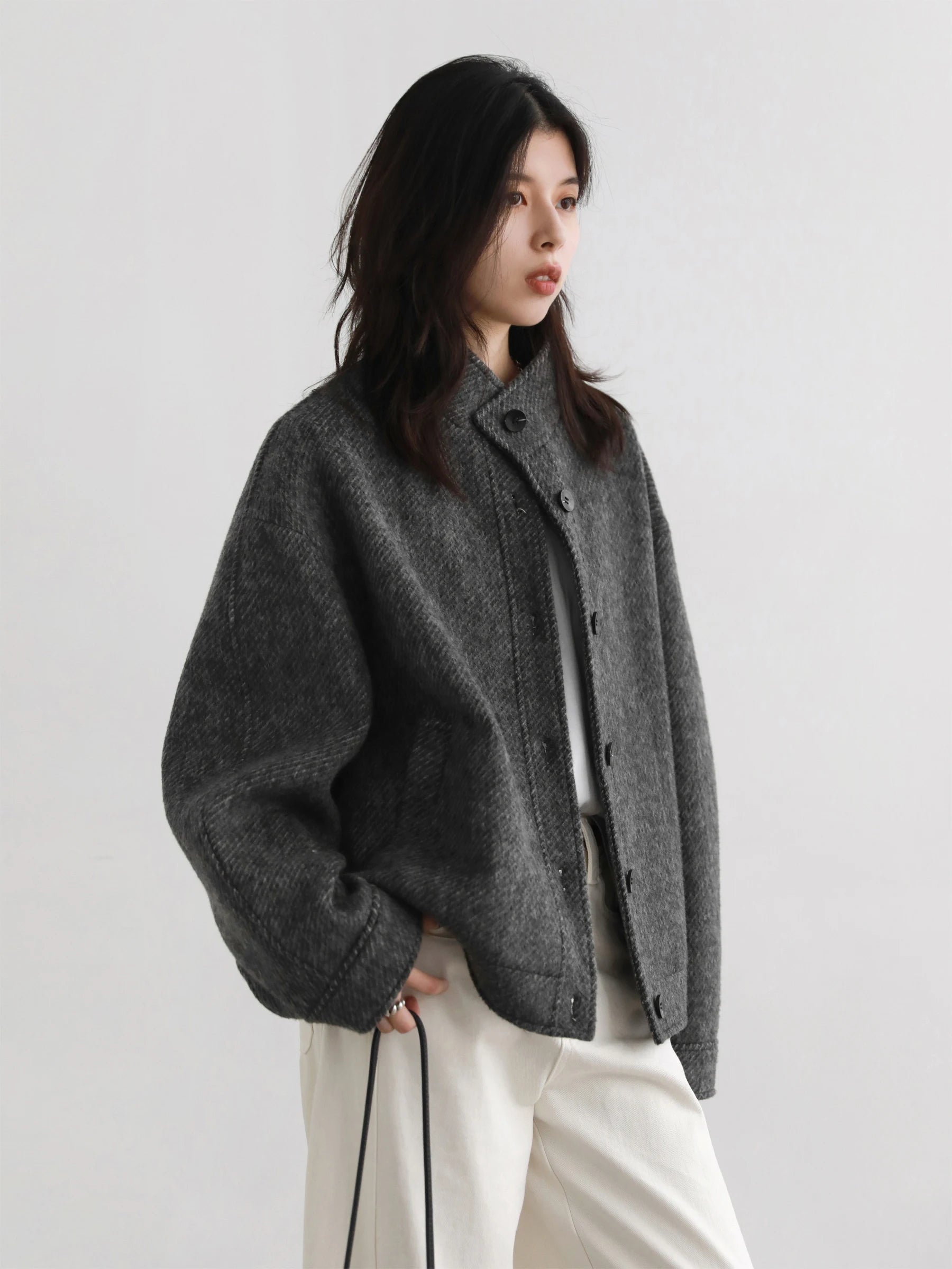 Women’s Minimalist Grey Wool Blend Jacket | Oversized Button Front Casual Coat