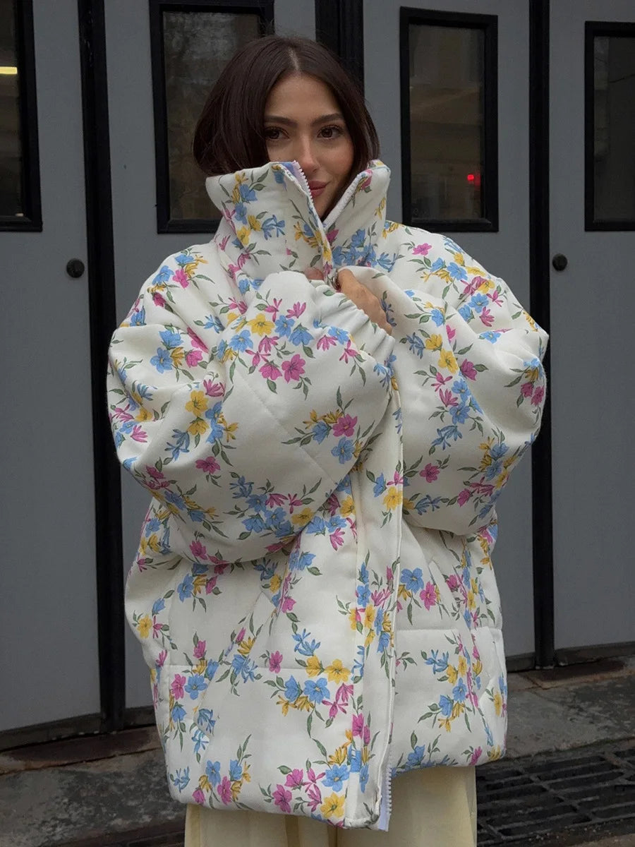 Women’s Floral Oversized Puffer Jacket | Cottagecore Winter Puff Coat with High Neck