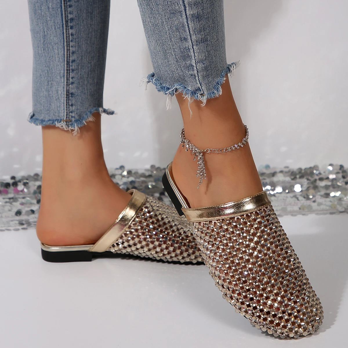 Women’s Rhinestone Mesh Mule Flats – Elegant Slip-On Party Loafers for Wedding & Evening Wear