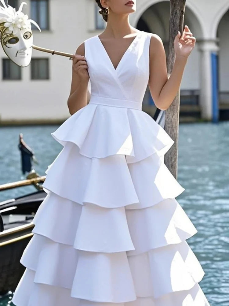 Women’s White Tiered Ruffle Maxi Dress | Elegant Sleeveless Formal Evening Gown