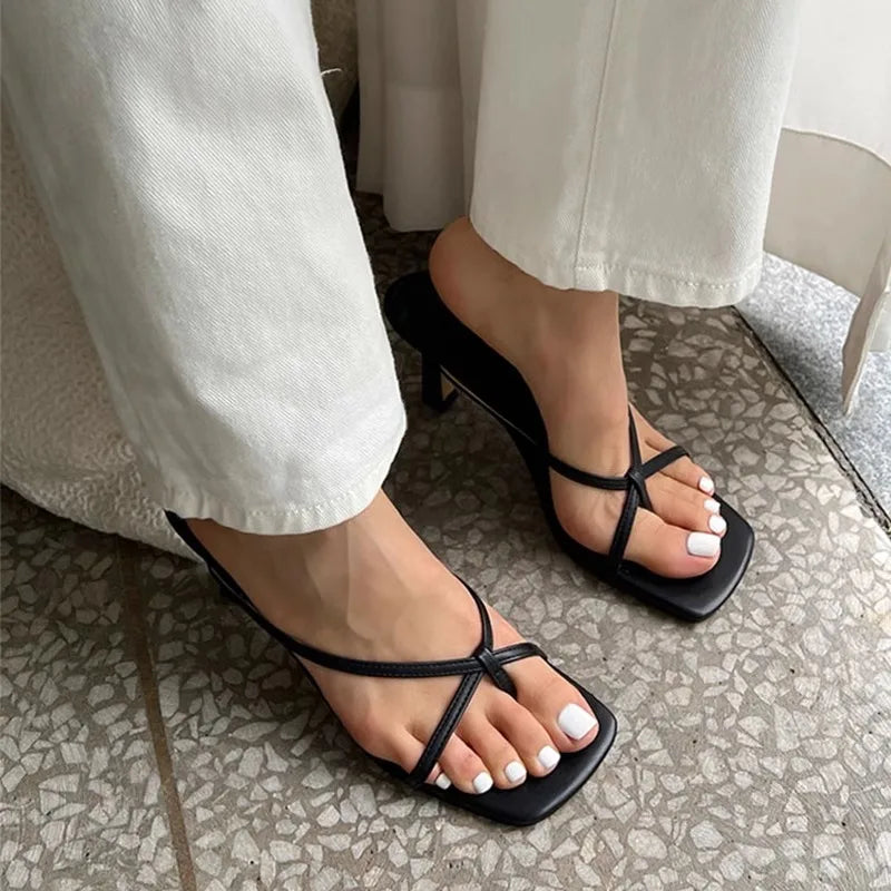 Women’s Minimal Thong Heel Sandals – Elegant Square Toe Slip-On Heels for Party & Everyday Chic Wear