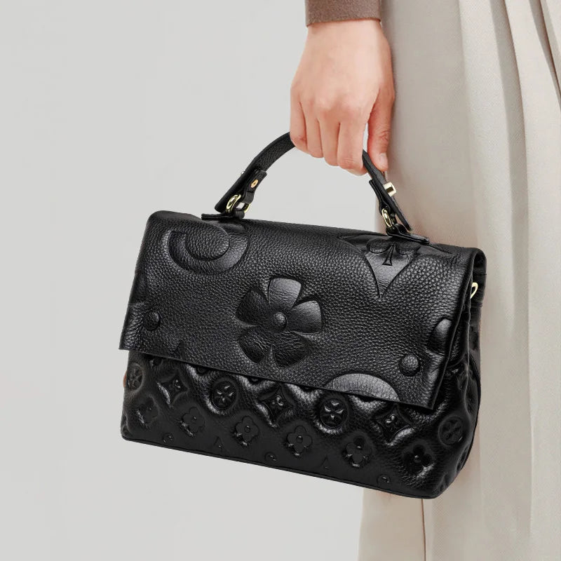 Black Embossed Floral Satchel Handbag for Women | Luxury Top Handle Crossbody Purse | Elegant Designer Shoulder Bag