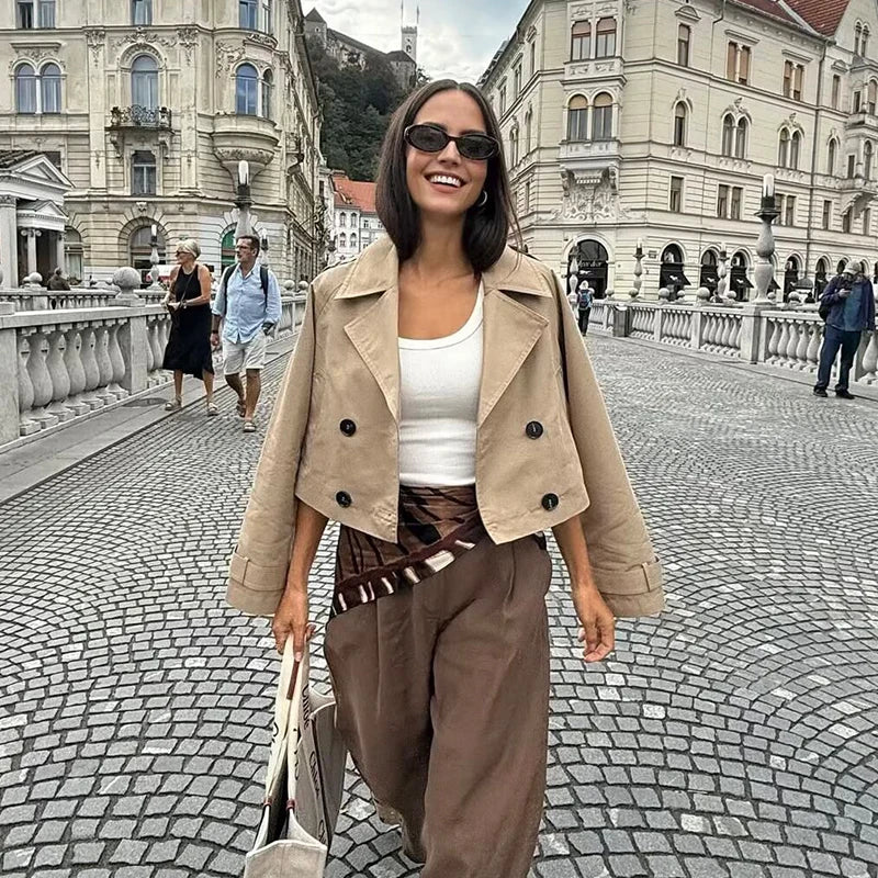 Beige Cropped Trench Coat | Double Breasted Jacket Women