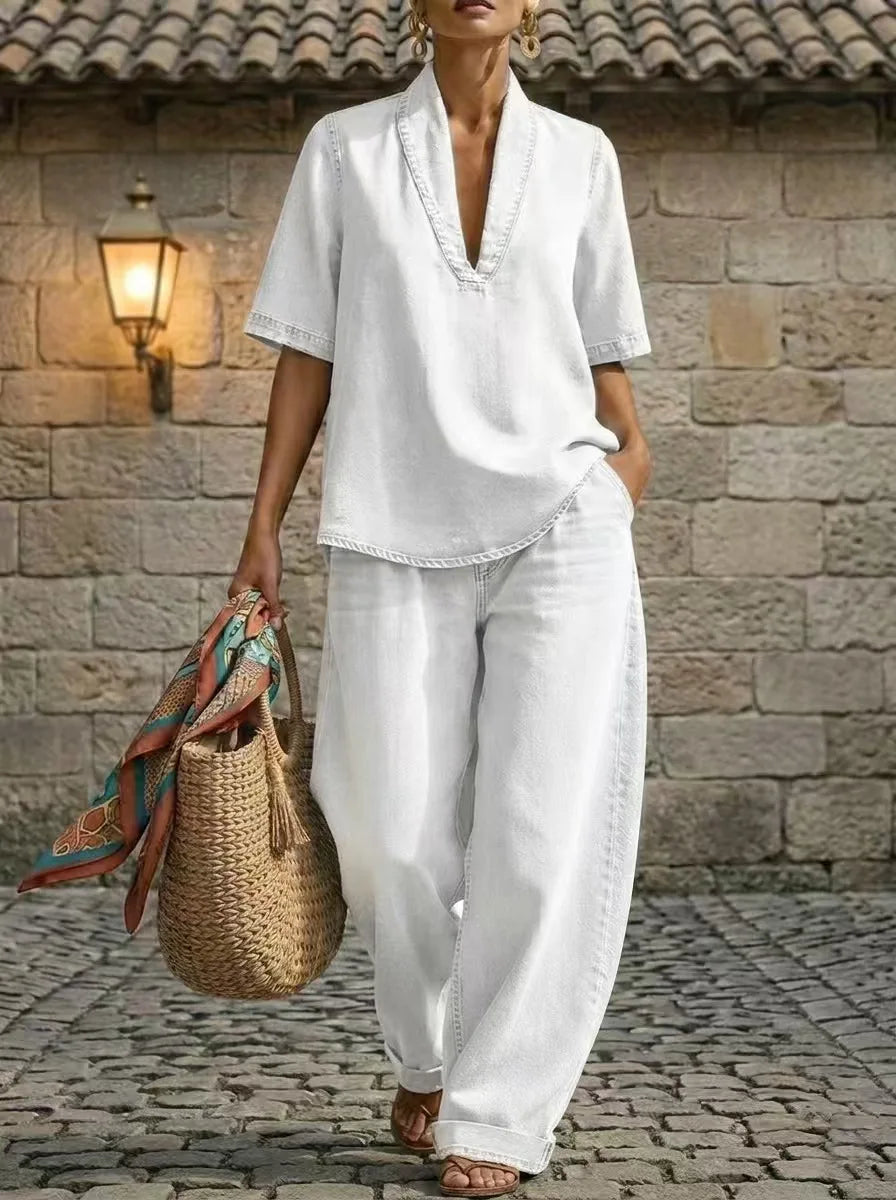 Women's Relaxed Denim Co-Ord Set | V Neck Top & Wide Leg Trousers Casual Outfit
