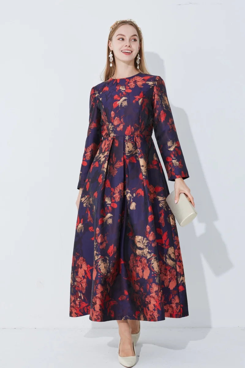 Floral A Line Midi Dress Women | Long Sleeve Elegant Party Occasion Dress