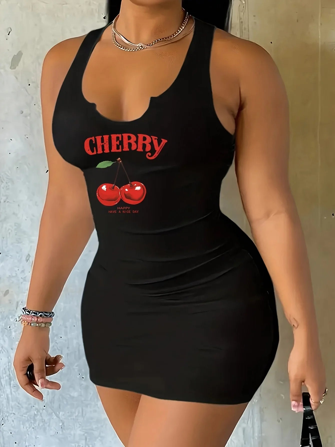 Women’s Black Cherry Graphic Bodycon Mini Dress | Y2K Sleeveless Casual Summer Dress for Streetwear & Everyday Wear