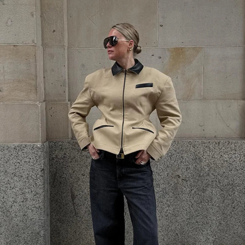 Women’s Beige Faux Leather Jacket | Vintage Minimalist Zip-Up Slim Fit Moto Coat