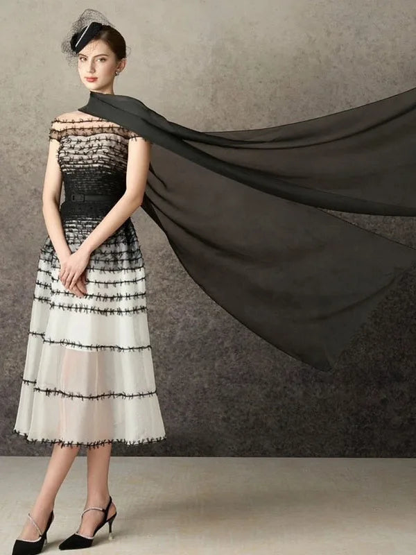 Off Shoulder A Line Midi Dress Women | Sheer Mesh Elegant Party Dress