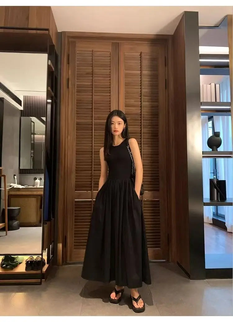 Women’s Black Sleeveless Maxi Dress | Minimalist A-Line Pocket Dress for Casual, Vacation & Everyday Elegance