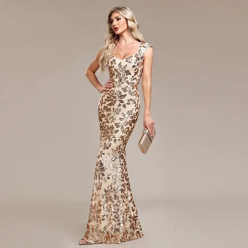 Women’s Champagne Gold Sequin Mermaid Evening Gown | Sweetheart Neck Formal Maxi Dress for Prom, Weddings, Galas & Black Tie Events