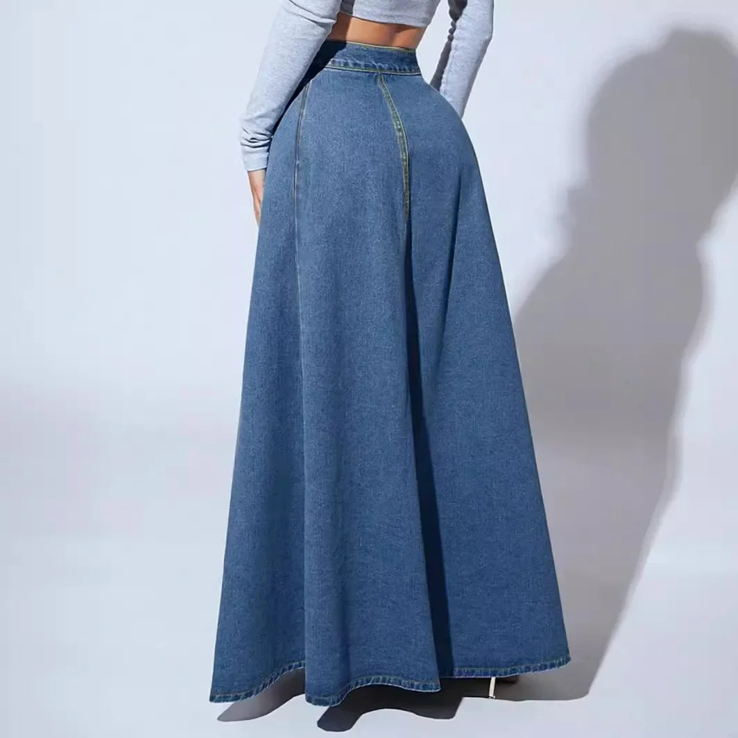 Women High Waist Denim Maxi Skirt Button Detail A Line Long Skirt